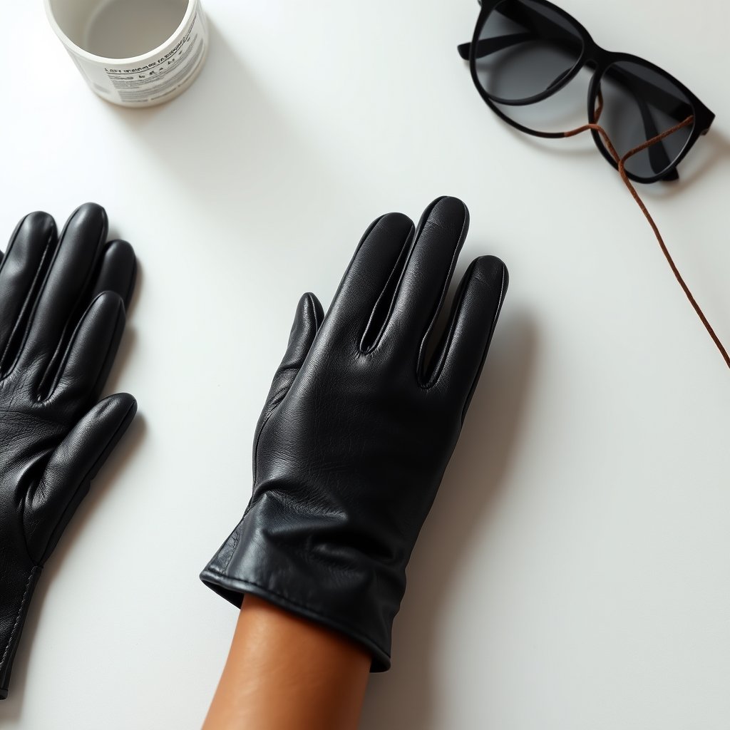 luxury leather gloves, detail shot, minimalist composition, clean background, elegant