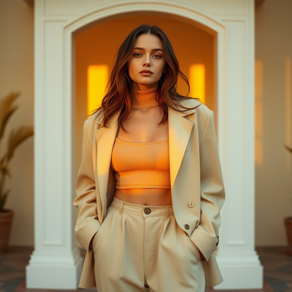 a minimalist capsule wardrobe in neutral tones, golden hour lighting, warm tones, atmospheric