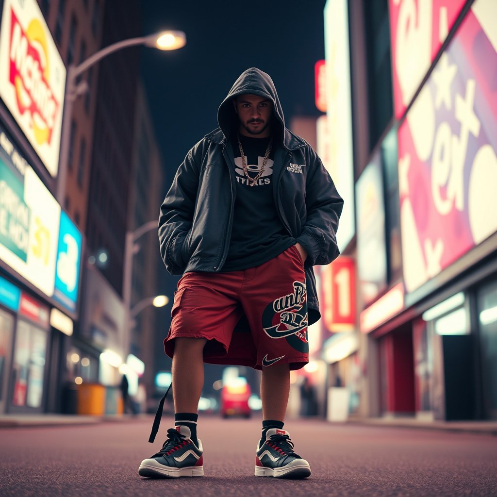a streetwear outfit on an urban background, cinematic lighting, vibrant colors, dramatic atmosphere