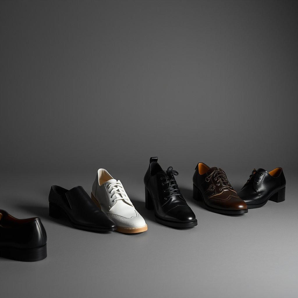 a collection of designer shoes on a minimal background, moody lighting, high contrast, fine art photography