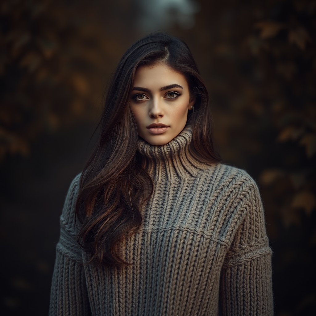 a model wearing a cozy knit sweater in autumn, moody lighting, high contrast, fine art photography