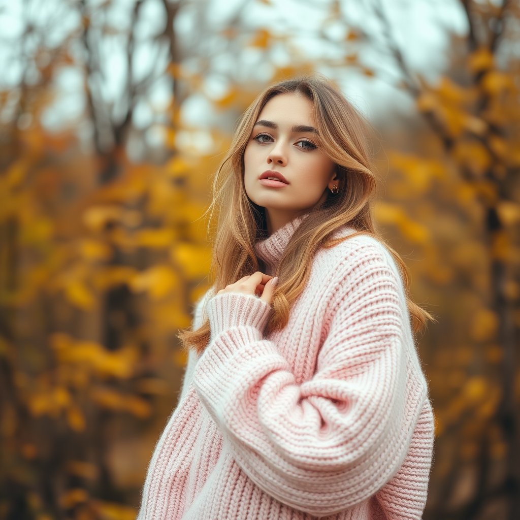a model wearing a cozy knit sweater in autumn, bright and airy, pastel tones, dreamy aesthetic
