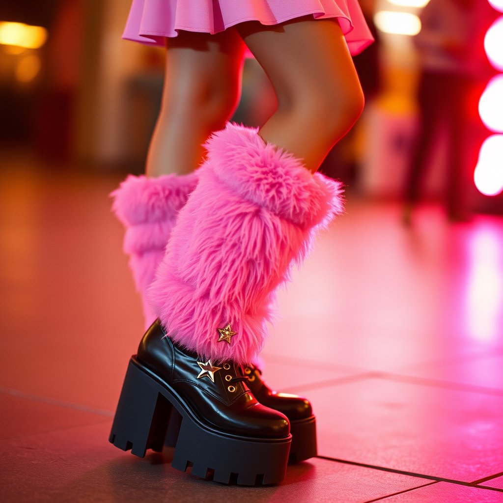 Furry Leg Warmers
Y2K fashion close-up, pink fluffy leg warmers with star details and chunky platform boots, low-rise mini skirt, glossy hot-pink lighting, playful early 2000s aesthetic, golden hour lighting, warm tones, atmospheric