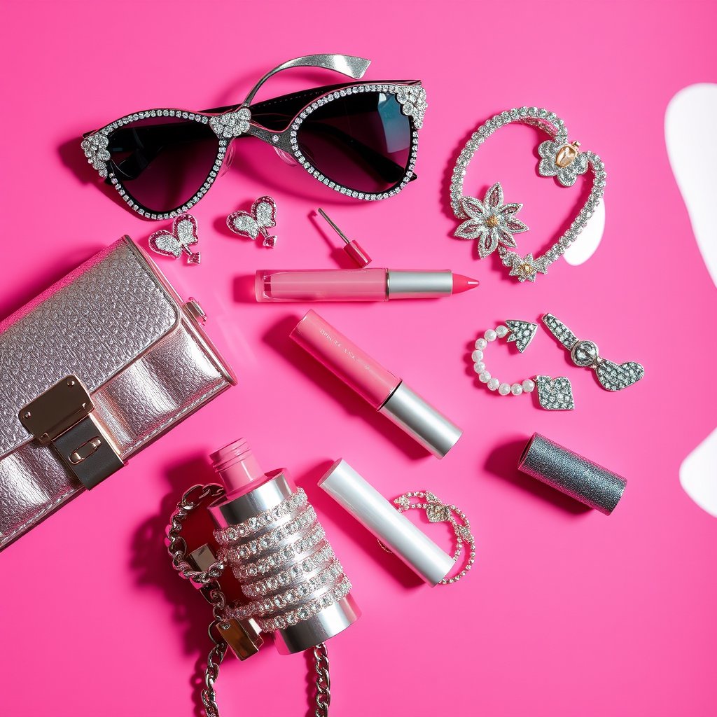 Accessories Flat Lay
Y2K accessory flat lay, rhinestone sunglasses, butterfly clips, heart jewelry, pink lip gloss, chunky bracelets, metallic handbag and glitter accessories, hot pink glossy background, early 2000s aesthetic, cinematic lighting, vibrant colors, dramatic atmosphere