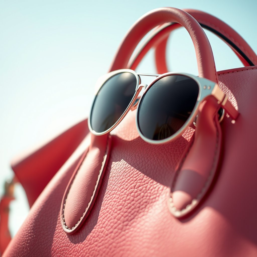 a close-up of luxury leather handbag and sunglasses, bright and airy, pastel tones, dreamy aesthetic