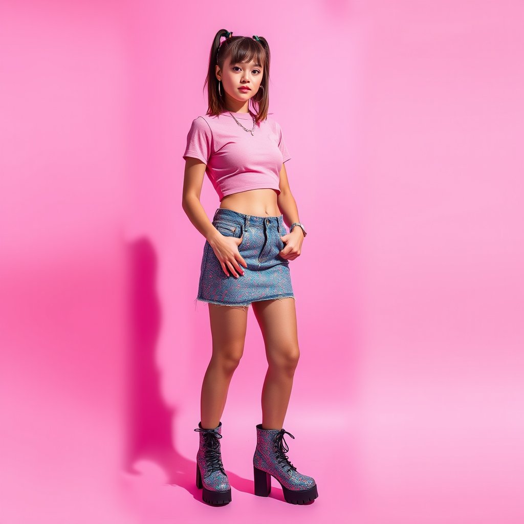 Denim Glitter
Y2K 2000s fashion editorial, young woman wearing a glittery denim mini skirt, pink crop top, platform boots, hot pink background, glossy flash photography, playful it-girl aesthetic, highly detailed, 8k, professional photography, sharp focus
