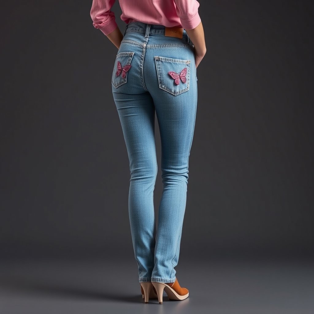 Jean Low Rise Rosa
El clásico jean de tiro bajo con lavado rosado y mariposas bordadas en el bolsillo. Denim stretch para que te muevas cómoda toda la noche., ultra realistic, crisp details, studio quality
