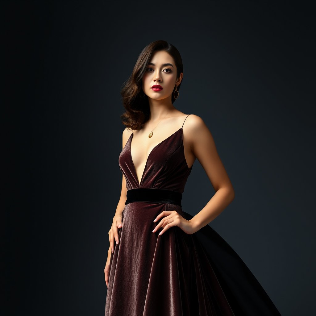 evening velvet gown, luxury opulence fashion, ultra realistic, crisp details, studio quality