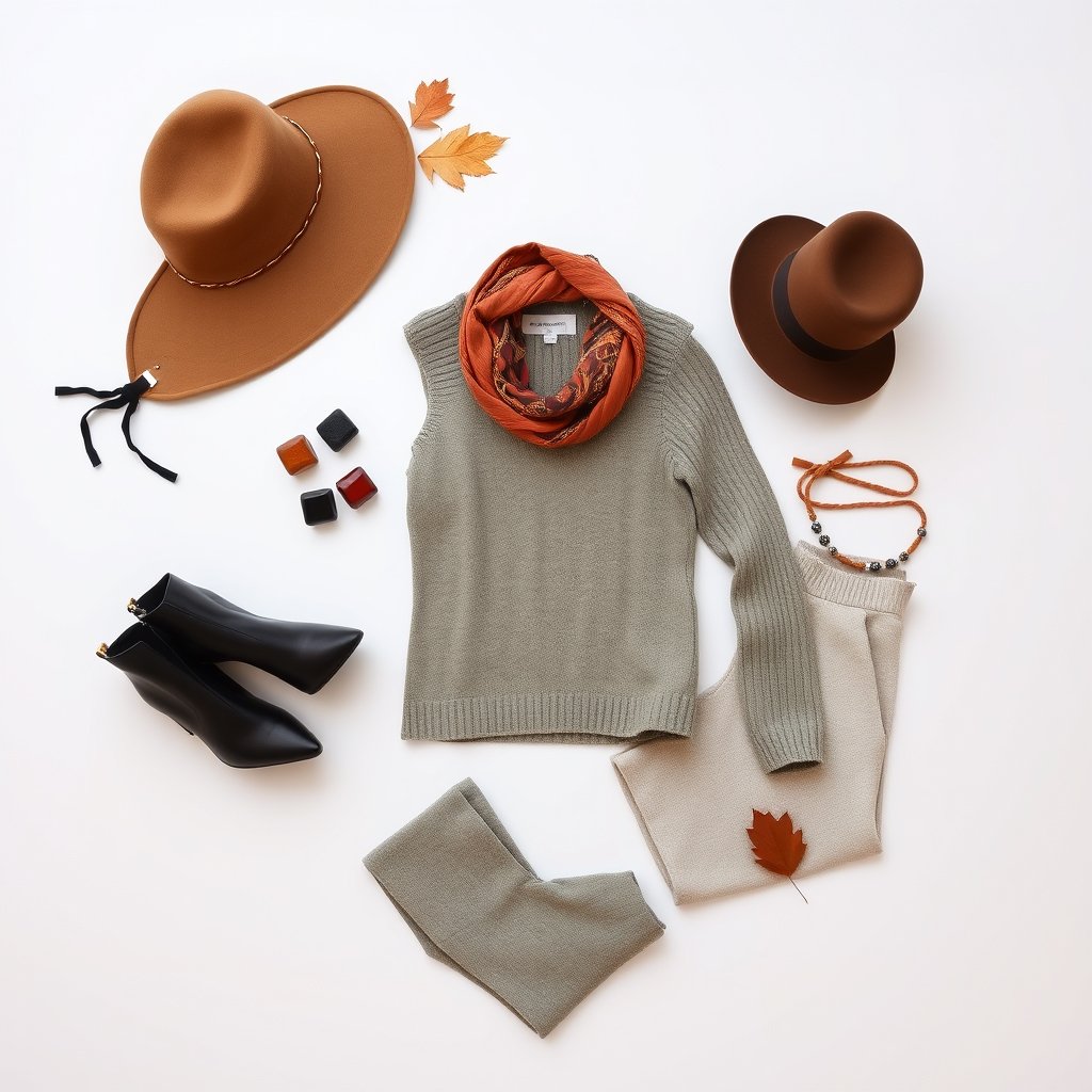 a flat-lay of stylish autumn outfit with accessories, minimalist composition, clean background, elegant