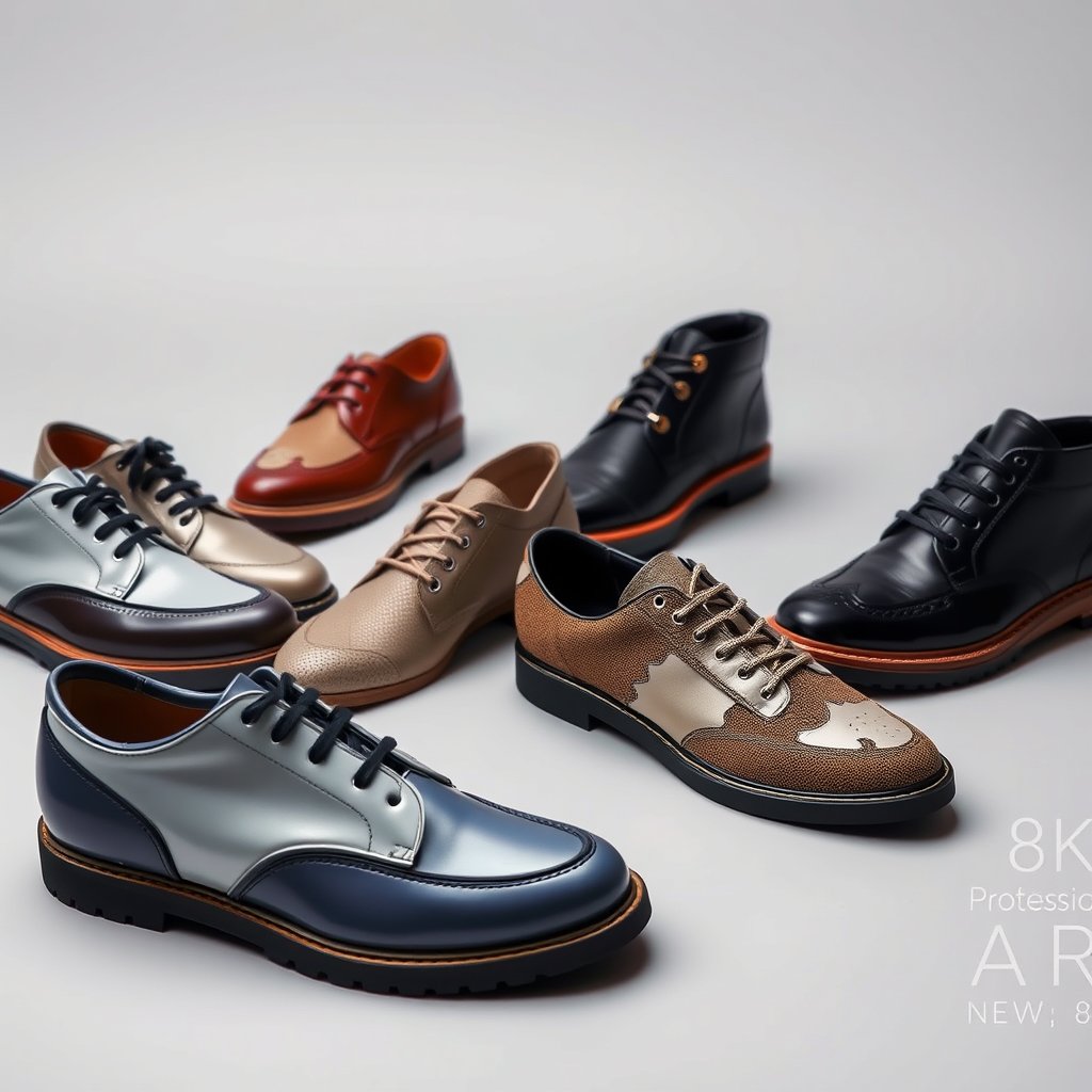a collection of designer shoes on a minimal background, highly detailed, 8k, professional photography, sharp focus