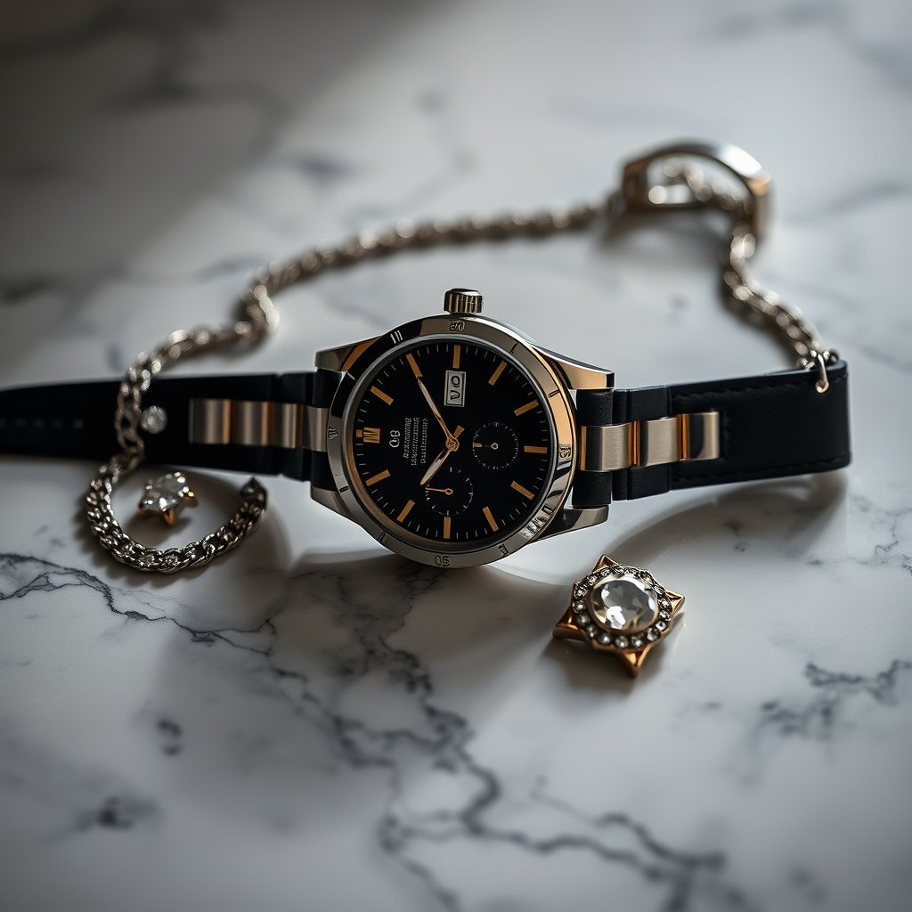 an elegant watch and jewelry on a marble surface, moody lighting, high contrast, fine art photography
