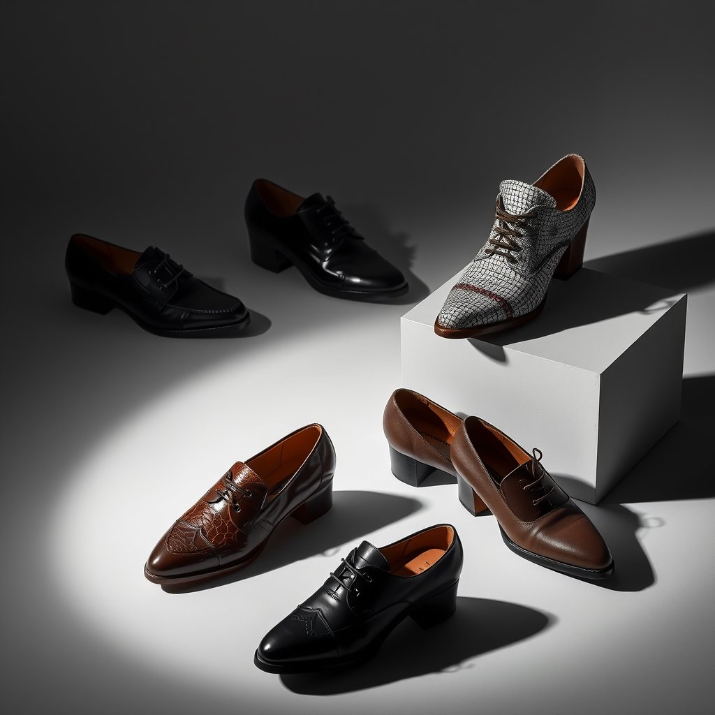 a collection of designer shoes on a minimal background, moody lighting, high contrast, fine art photography