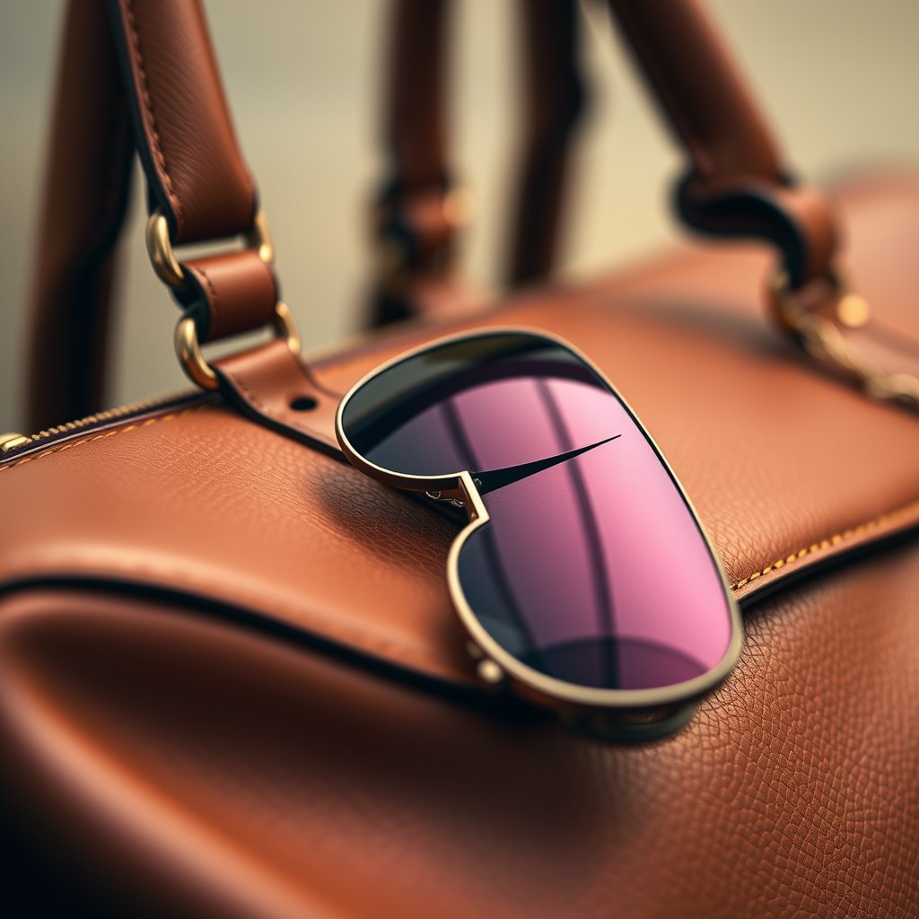 a close-up of luxury leather handbag and sunglasses, highly detailed, 8k, professional photography, sharp focus