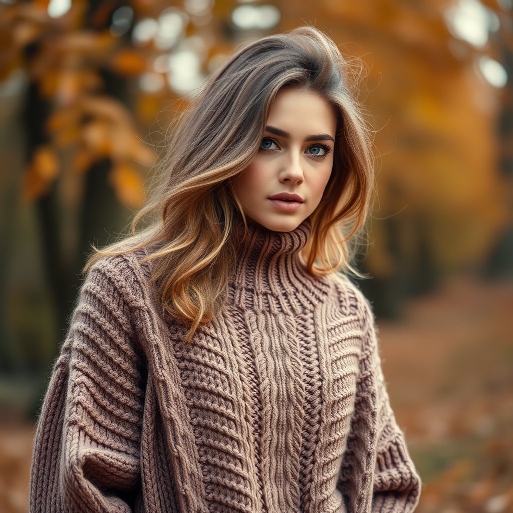 a model wearing a cozy knit sweater in autumn, ultra realistic, crisp details, studio quality