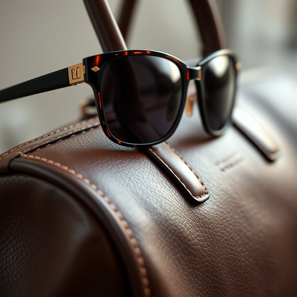 a close-up of luxury leather handbag and sunglasses, highly detailed, 8k, professional photography, sharp focus