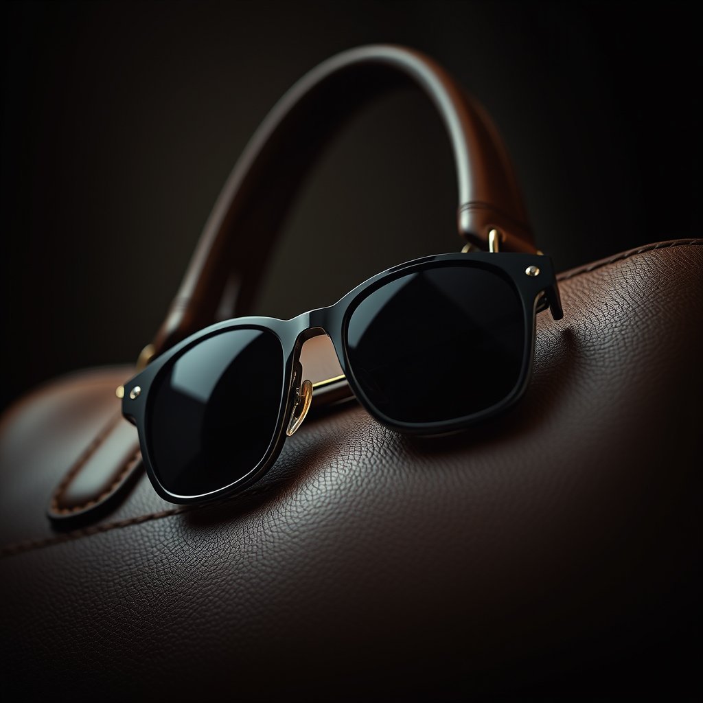 a close-up of luxury leather handbag and sunglasses, moody lighting, high contrast, fine art photography