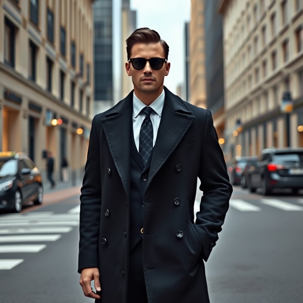 man in dark tailored overcoat, city street, luxury, minimalist composition, clean background, elegant
