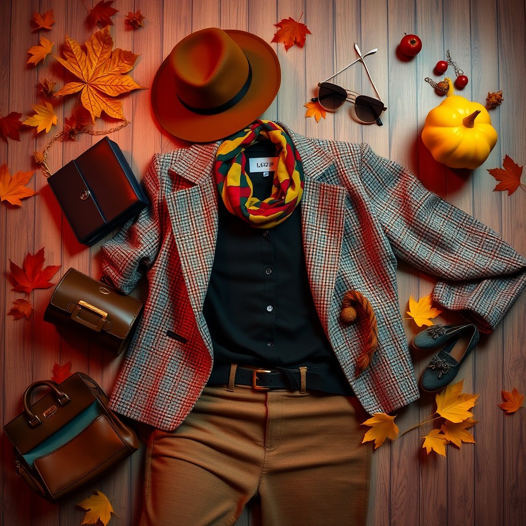 a flat-lay of stylish autumn outfit with accessories, cinematic lighting, vibrant colors, dramatic atmosphere