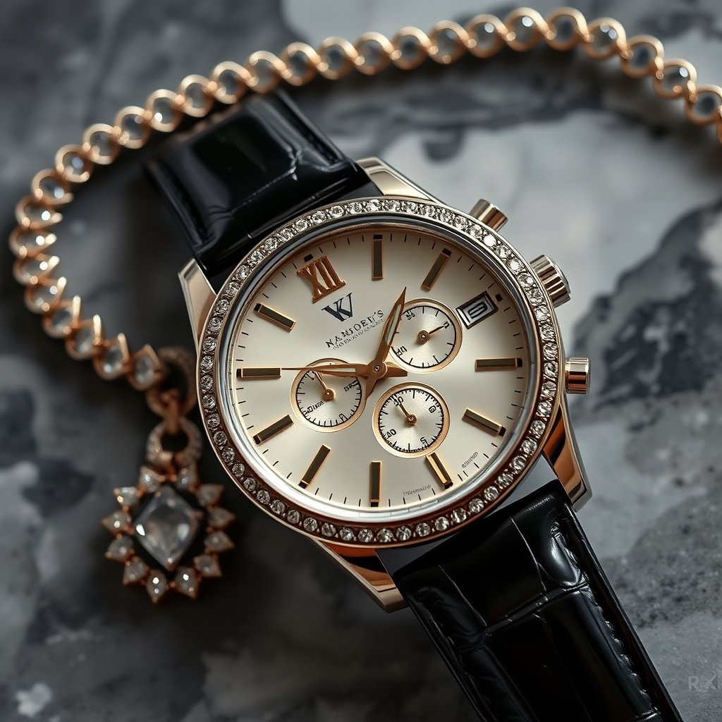 an elegant watch and jewelry on a marble surface, highly detailed, 8k, professional photography, sharp focus