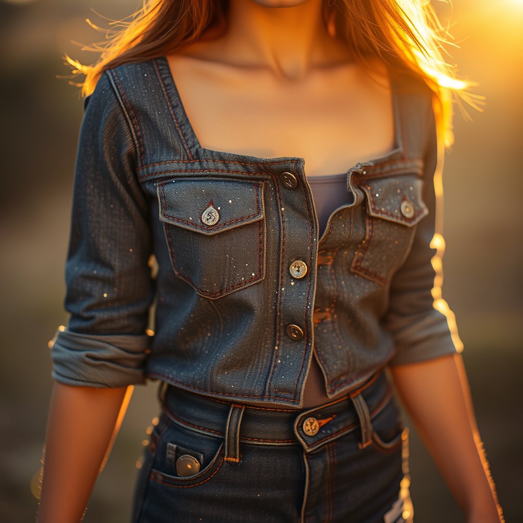 Falda Denim Glitter
Minifalda de mezclilla con aplicaciones de glitter y tachas. Con una modelo, golden hour lighting, warm tones, atmospheric