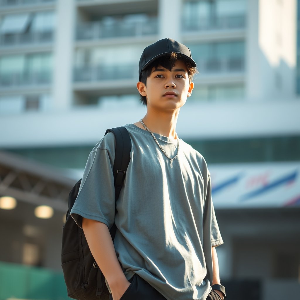 a streetwear outfit on an urban background, soft natural light, shallow depth of field, bokeh
