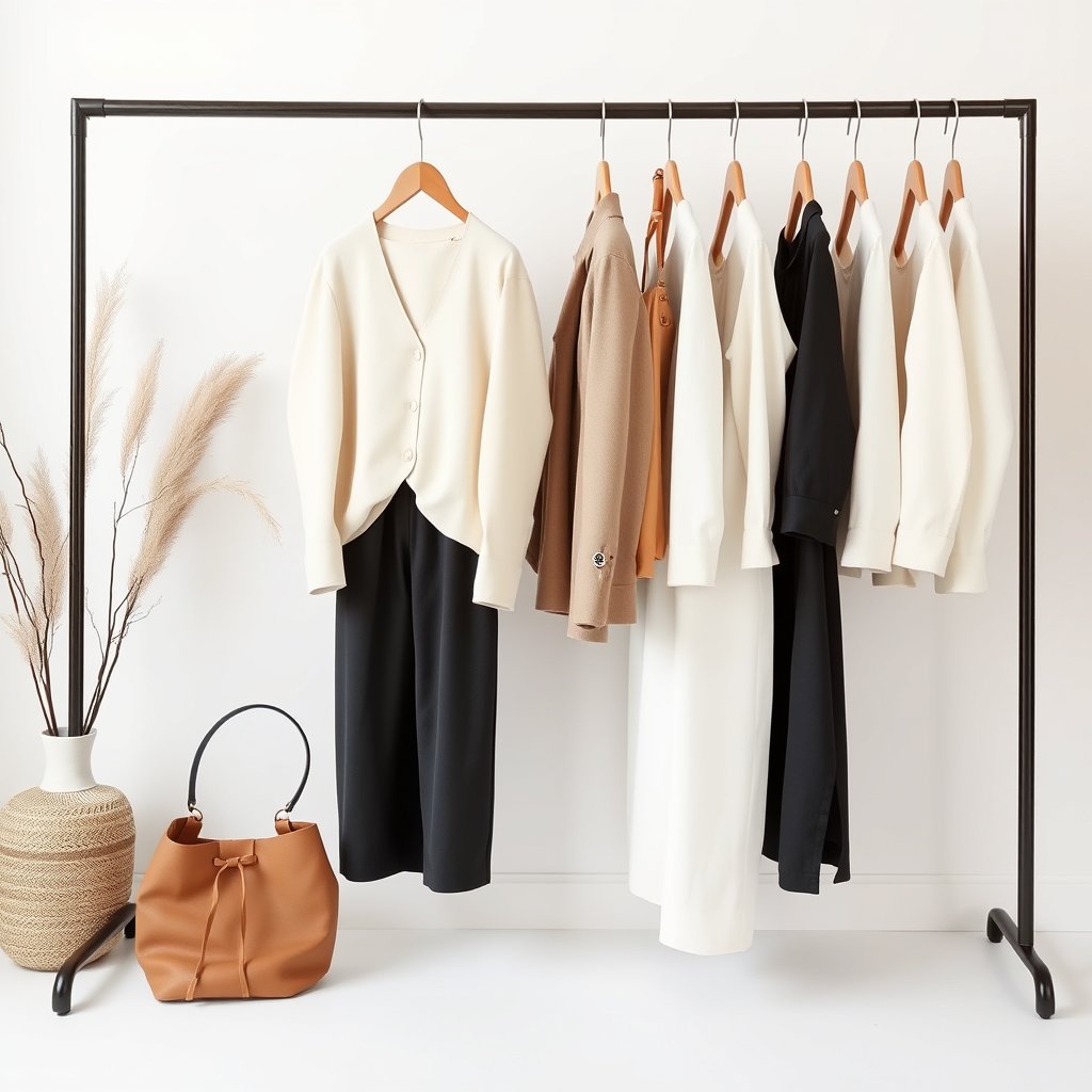 a minimalist capsule wardrobe in neutral tones, minimalist composition, clean background, elegant
