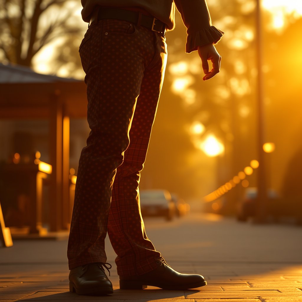 fancy pants, golden hour lighting, warm tones, atmospheric