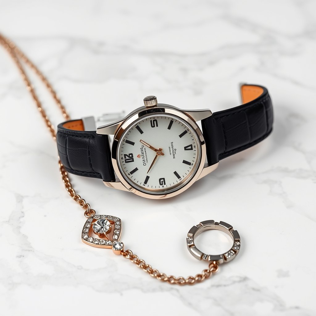 an elegant watch and jewelry on a marble surface, minimalist composition, clean background, elegant
