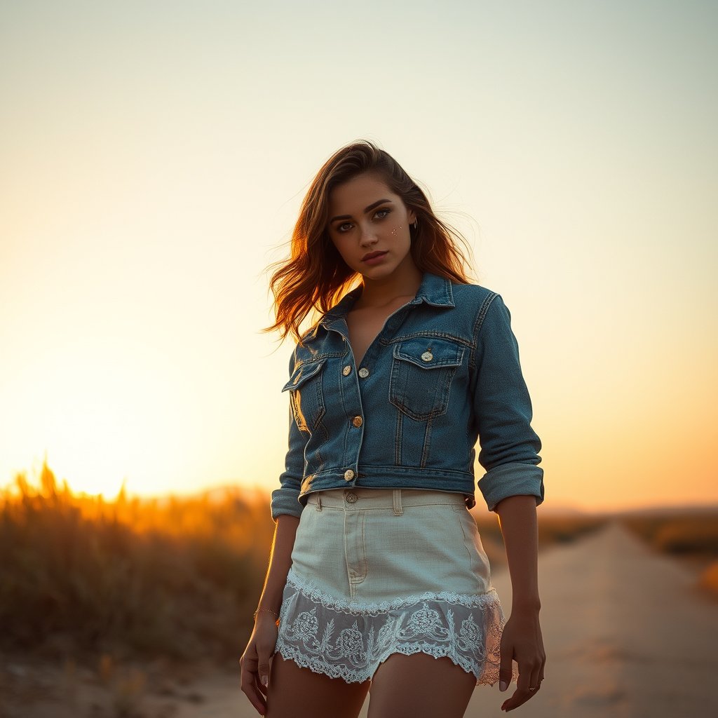 Falda Denim Glitter
Minifalda de mezclilla con aplicaciones de glitter y tachas. Con una modelo, golden hour lighting, warm tones, atmospheric