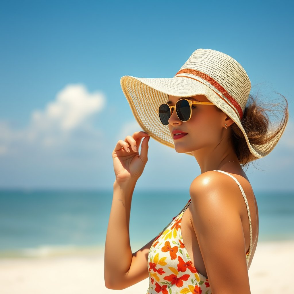 a summer beach fashion look with a sun hat, ultra realistic, crisp details, studio quality