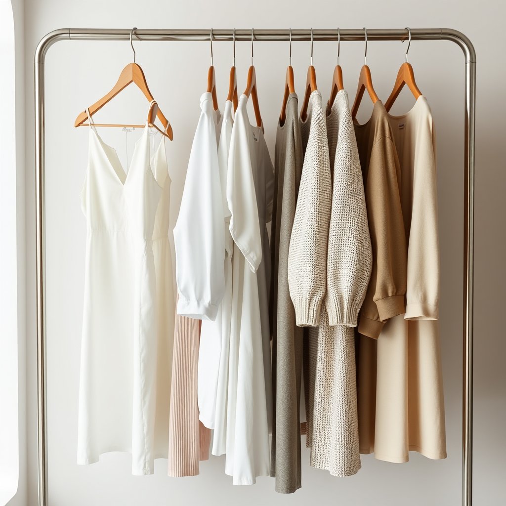 a minimalist capsule wardrobe in neutral tones, highly detailed, 8k, professional photography, sharp focus