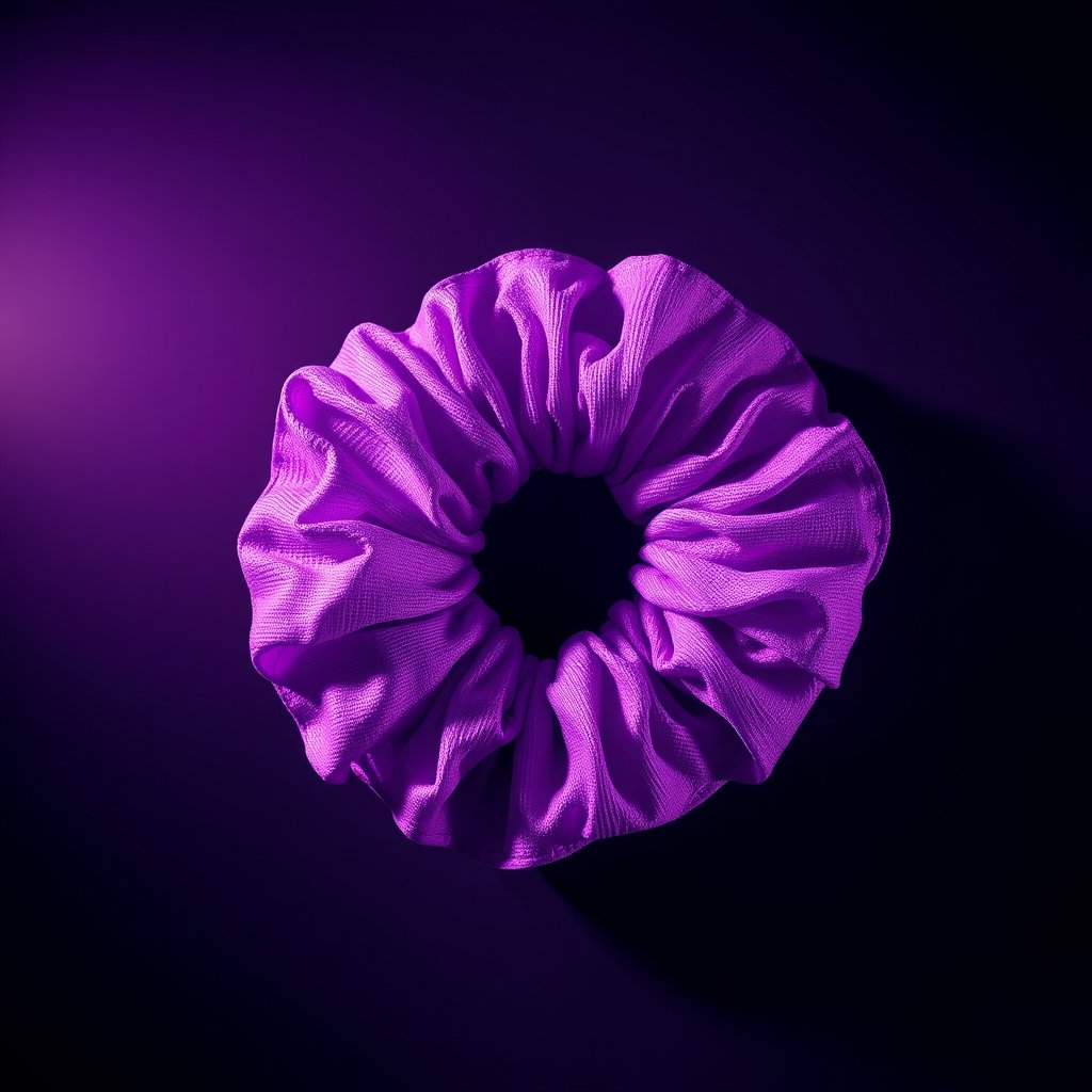 top view
purple scrunchie
no background, cinematic lighting, vibrant colors, dramatic atmosphere