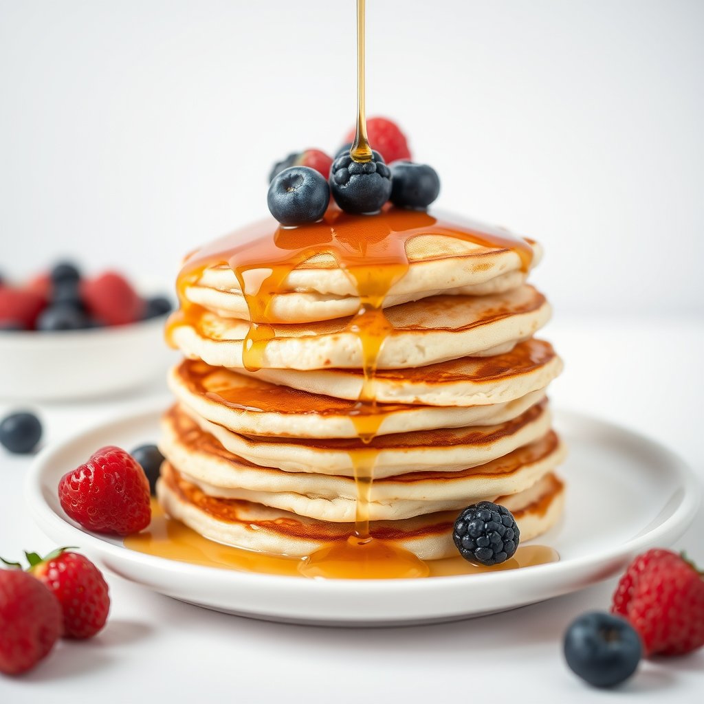 a stack of fluffy pancakes with maple syrup and berries, minimalist composition, clean background, elegant