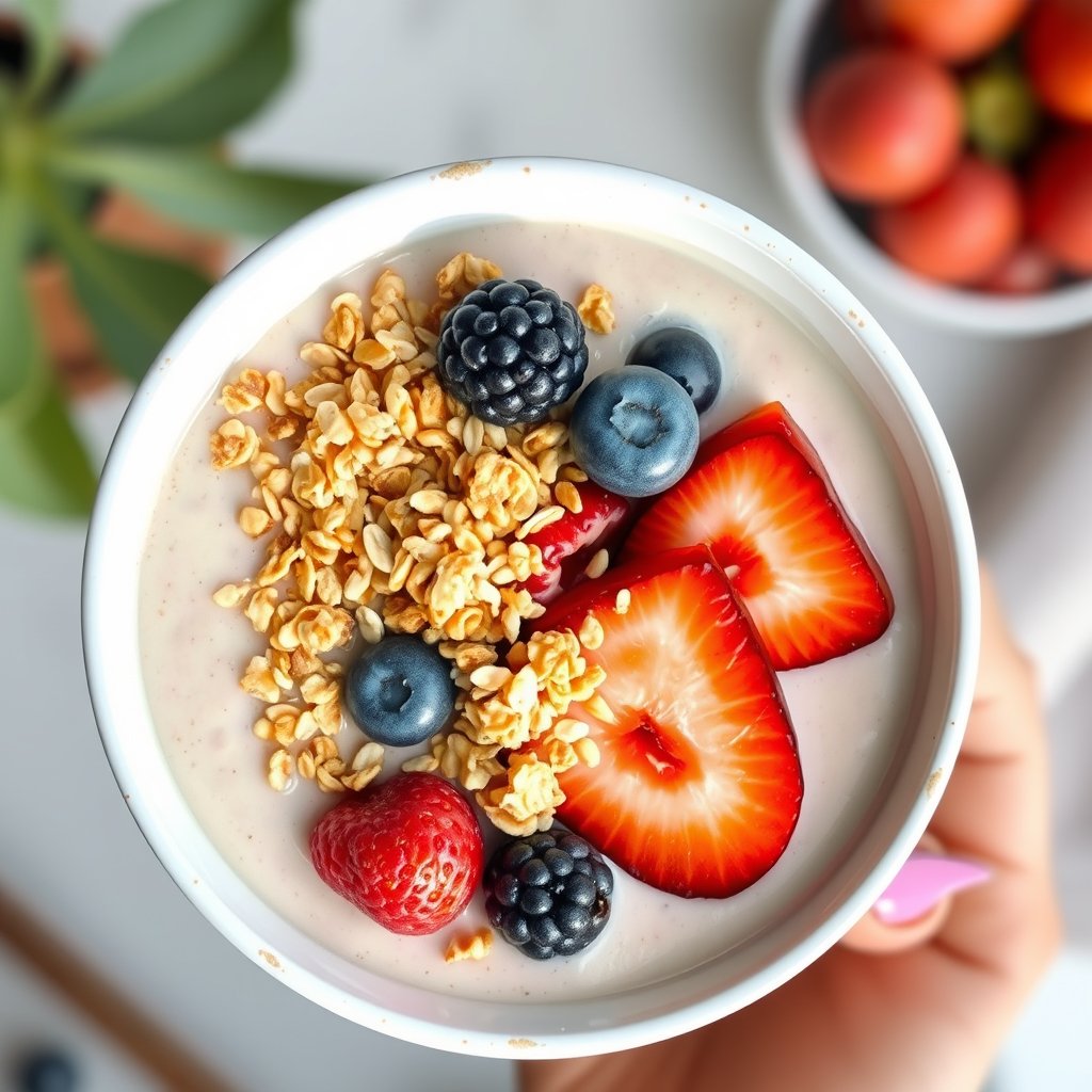 a refreshing smoothie bowl topped with fruits and granola, bright and airy, pastel tones, dreamy aesthetic