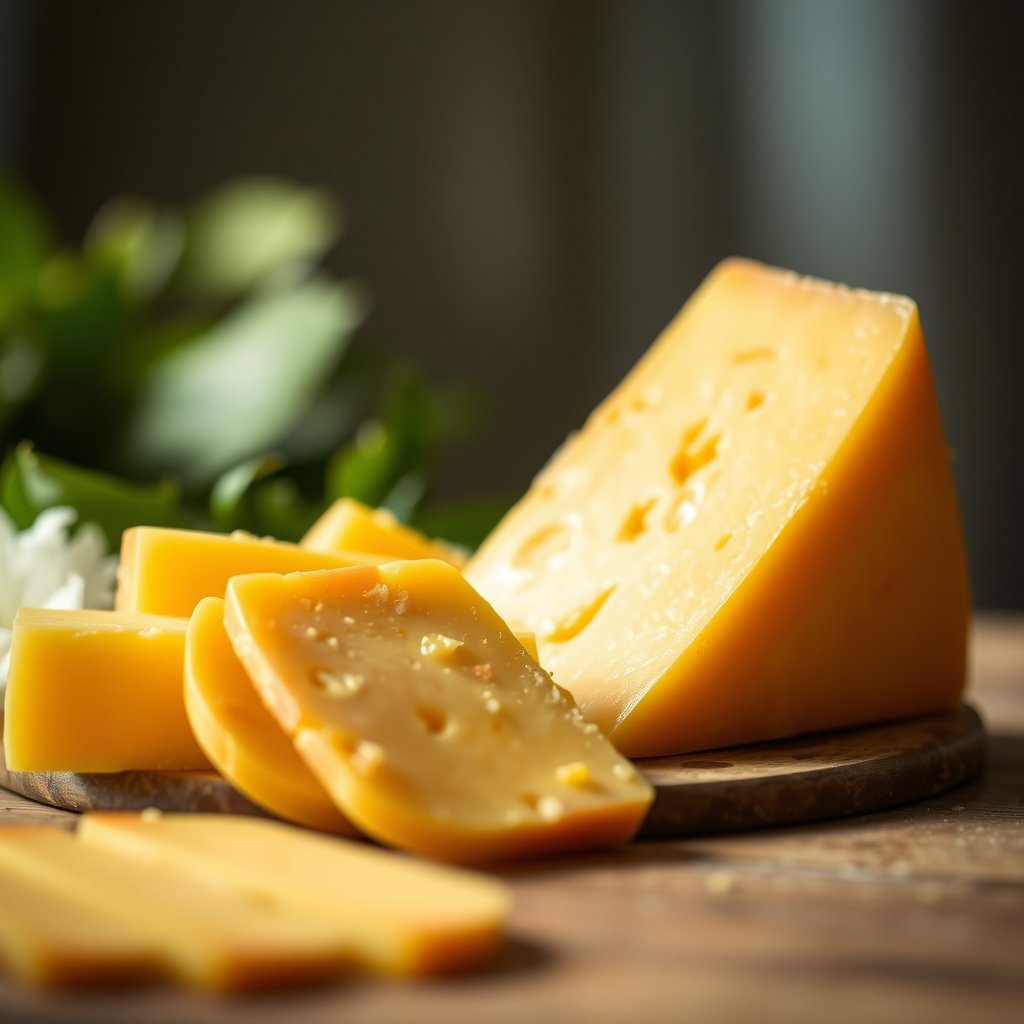 gouda cheese wedge and slices, food photography, soft natural light, shallow depth of field, bokeh