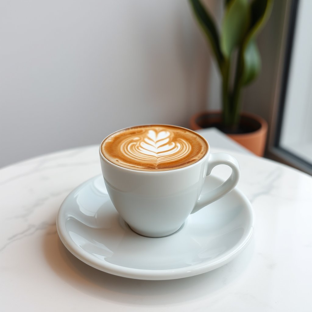 an artisan coffee cup with latte art on a cafe table, minimalist composition, clean background, elegant
