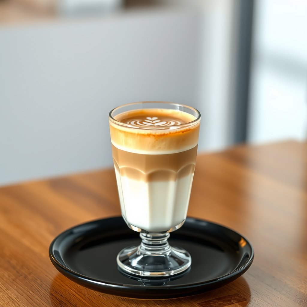 latte in a glass with latte art, food photography, highly detailed, 8k, professional photography, sharp focus