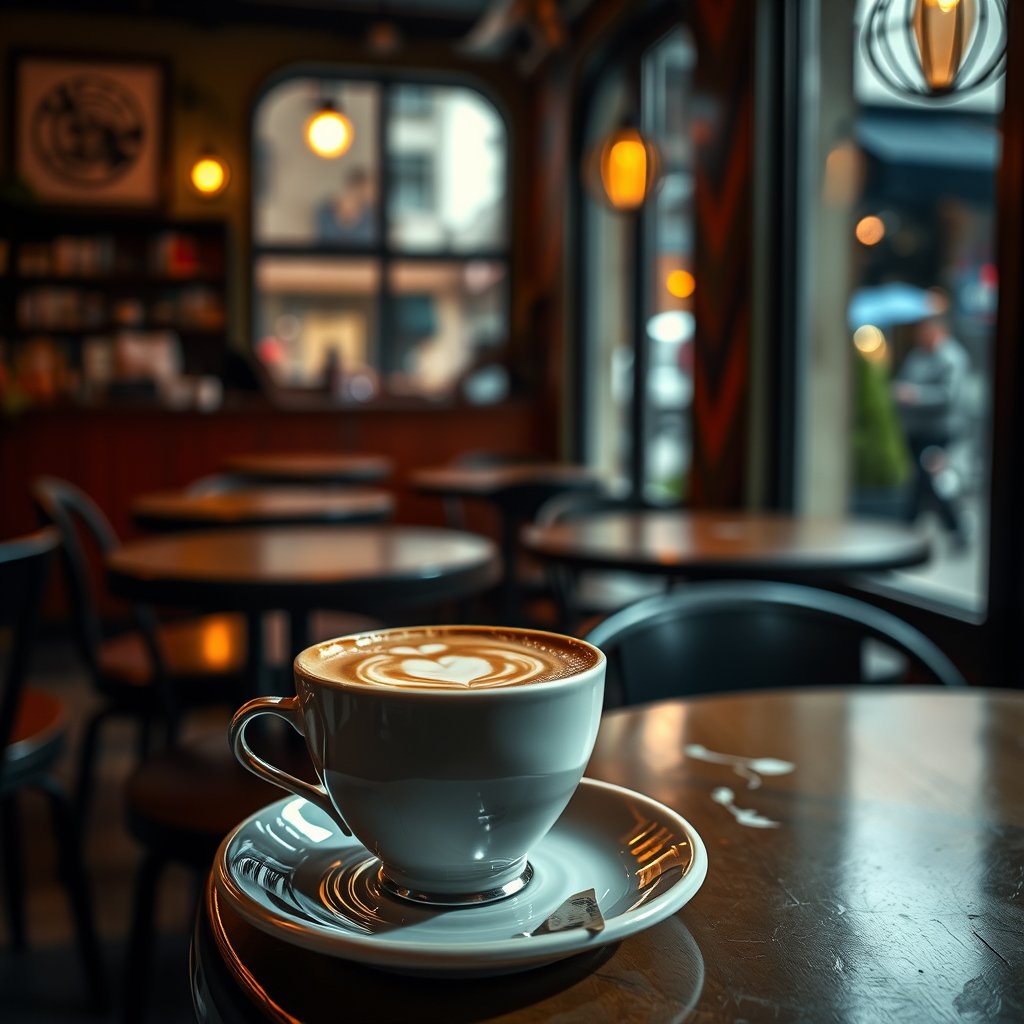 an artisan coffee cup with latte art on a cafe table, cinematic lighting, vibrant colors, dramatic atmosphere