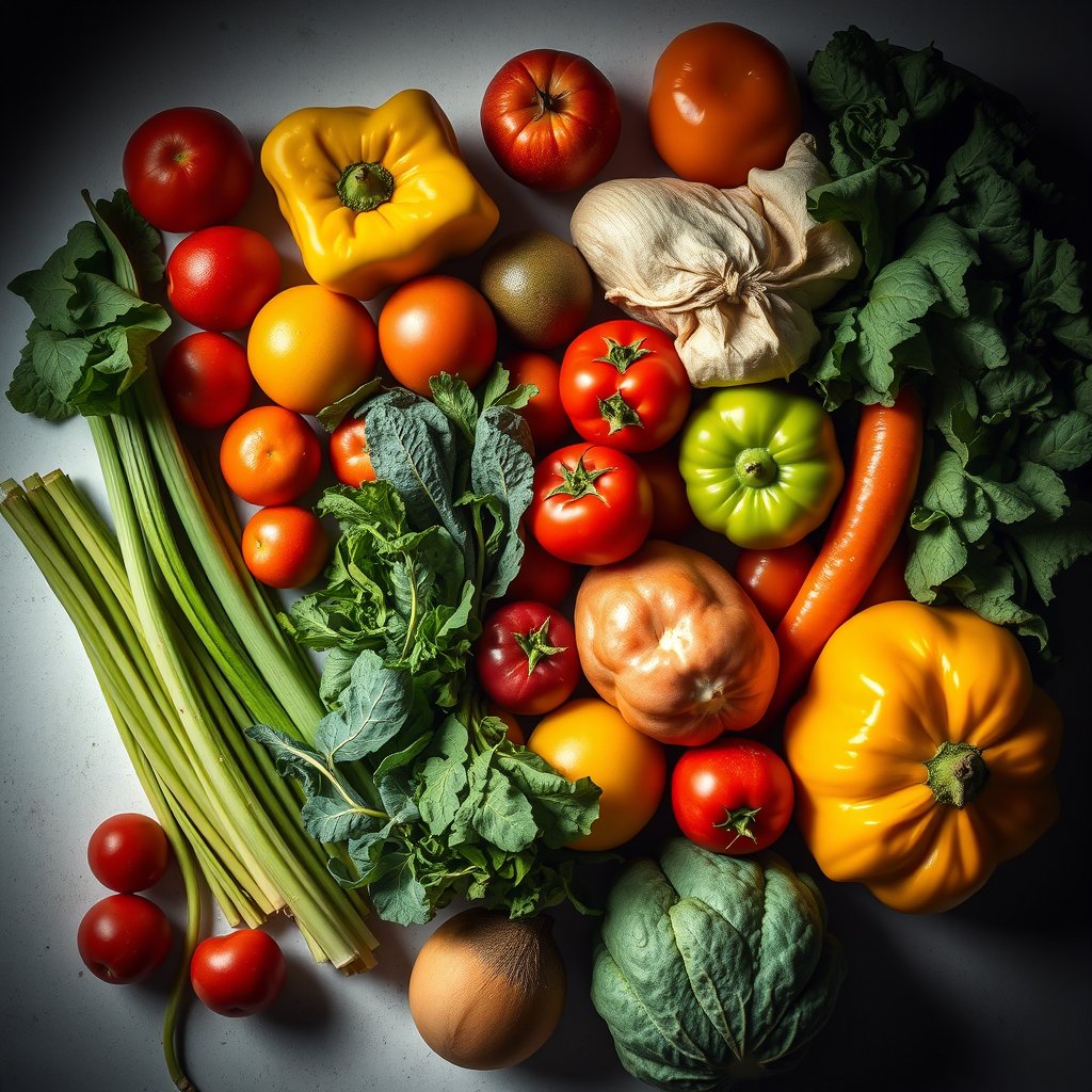 fresh groceries, vegetables and greens, top view, light background — Кофе зерновой для дома, cinematic lighting, vibrant colors, dramatic atmosphere