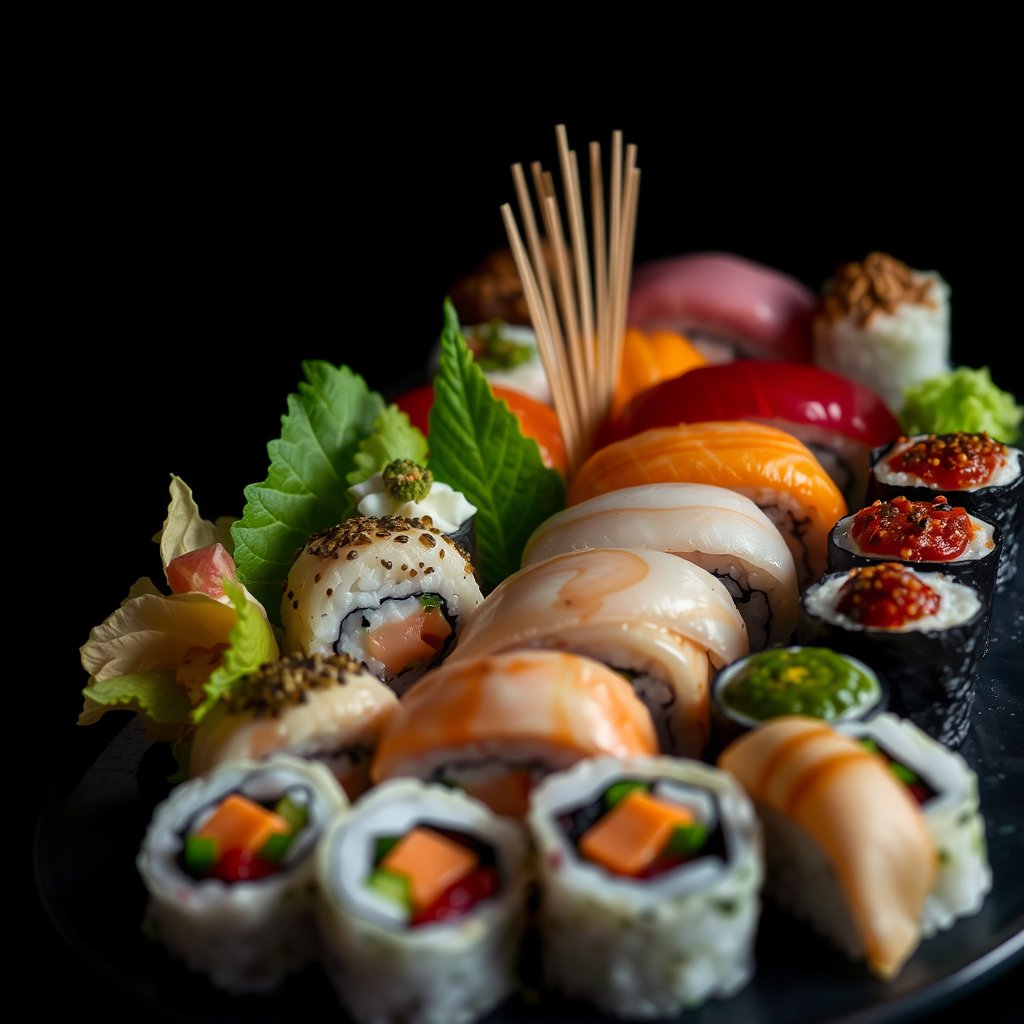 a sushi platter with assorted nigiri and rolls, moody lighting, high contrast, fine art photography