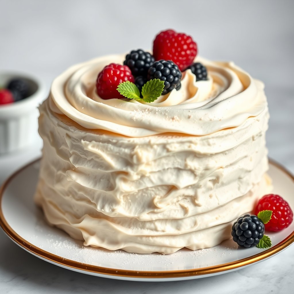 A classic tres leches cake with creamy whipped frosting, soft moist texture, elegant bakery style, appetizing and professional presentation, with a few fresh berries on top and soft natural lighting., highly detailed, 8k, professional photography, sharp focus