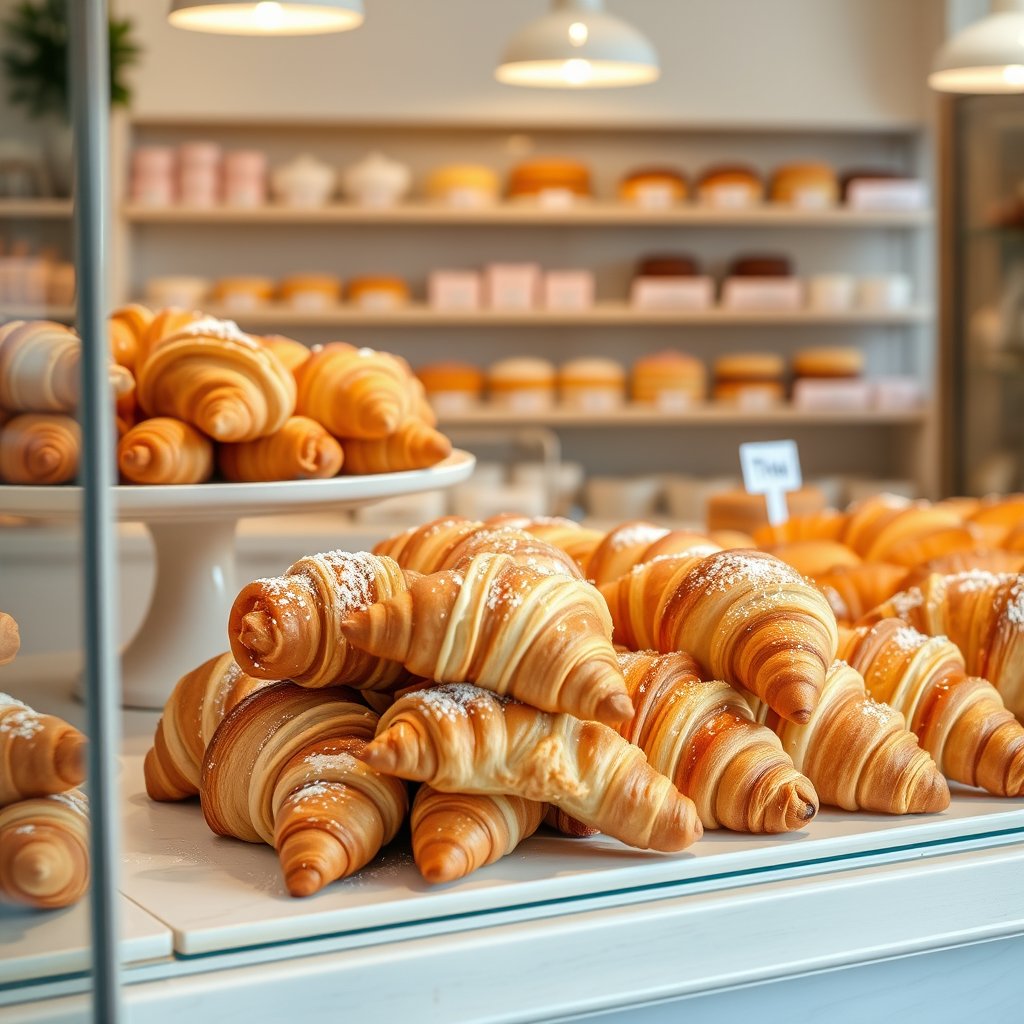 fresh croissants and pastries in a bakery display, bright and airy, pastel tones, dreamy aesthetic