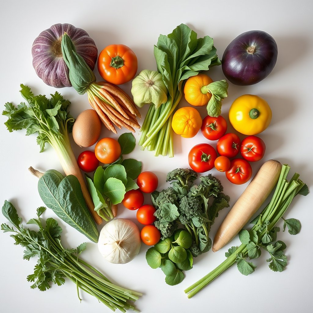 fresh groceries, vegetables and greens, top view, light background — Продукты «У дома», bright and airy, pastel tones, dreamy aesthetic