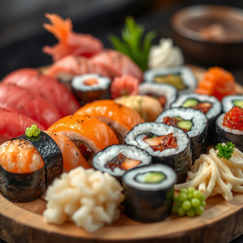 a sushi platter with assorted nigiri and rolls, highly detailed, 8k, professional photography, sharp focus