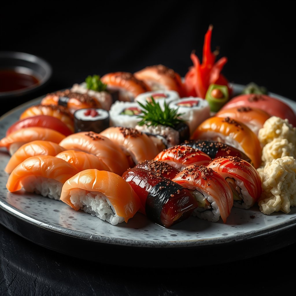 a sushi platter with assorted nigiri and rolls, moody lighting, high contrast, fine art photography
