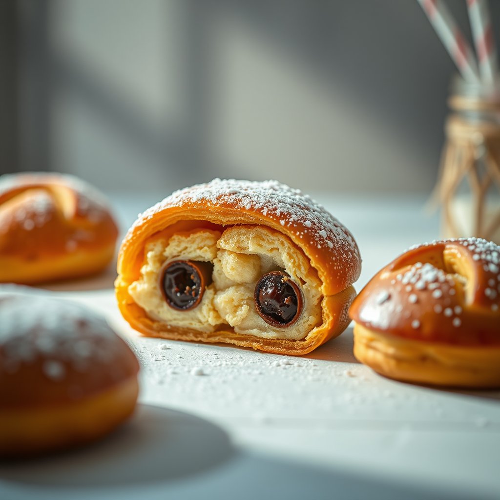 fresh bakery pastry, food photography, soft warm light, light background — Слойка с вишней, cinematic lighting, vibrant colors, dramatic atmosphere