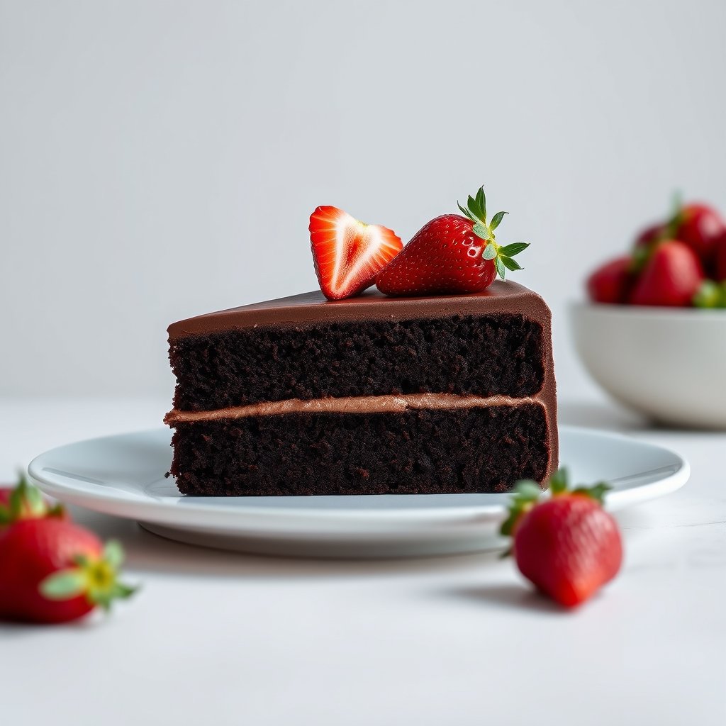 a slice of chocolate cake with strawberries, minimalist composition, clean background, elegant