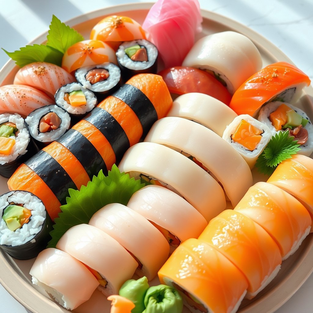 a sushi platter with assorted nigiri and rolls, bright and airy, pastel tones, dreamy aesthetic
