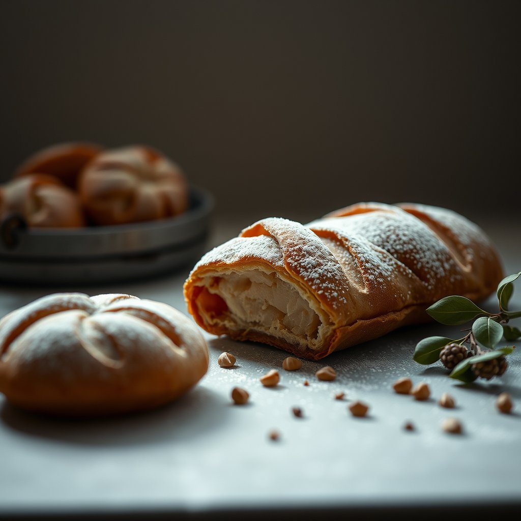 fresh bakery pastry, food photography, soft warm light, light background — Пирог с лесными ягодами, moody lighting, high contrast, fine art photography