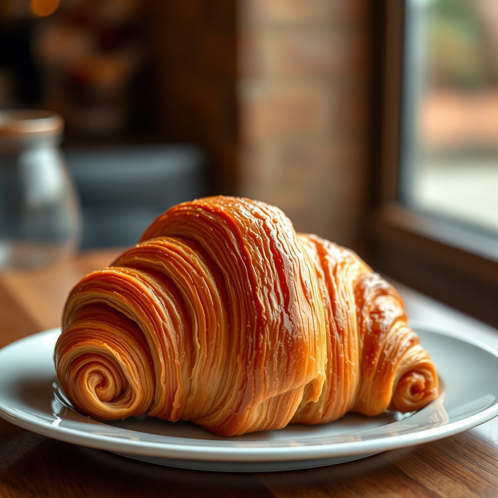 A classic French butter croissant, golden-brown and beautifully flaky, with clearly visible layers and a crisp exterior, soft buttery interior, freshly baked, placed on an elegant white bakery plate, realistic professional food photography, warm natural lighting, appetizing and inviting presentation., cinematic lighting, vibrant colors, dramatic atmosphere